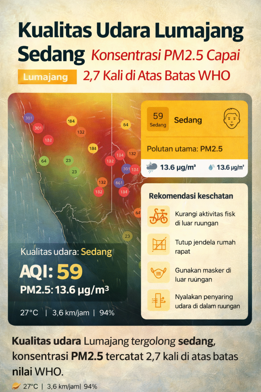 Kualitas Udara Lumajang Sedang, Konsentrasi PM2.5 Capai 2,7 Kali di Atas Batas WHO